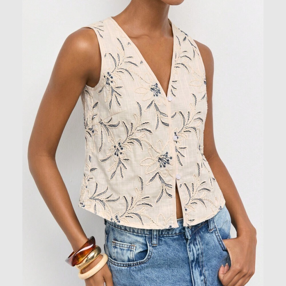Cream Floral Embroidered V Neck Button Front Sleeveless Vest Top